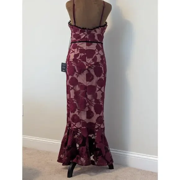 NWT Lulu's Alluring Dream Burgundy Floral Mesh Lace Trumpet Midi Dress Prom S - Picture 3 of 12